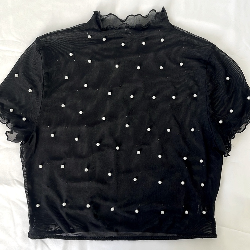 Black Sheer Beaded Pearl Crop Top